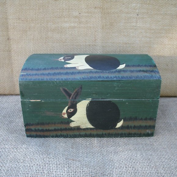 Vintage Warren Kimble Folk Art Wood Rabbit Decorative Box - Picture 1 of 16